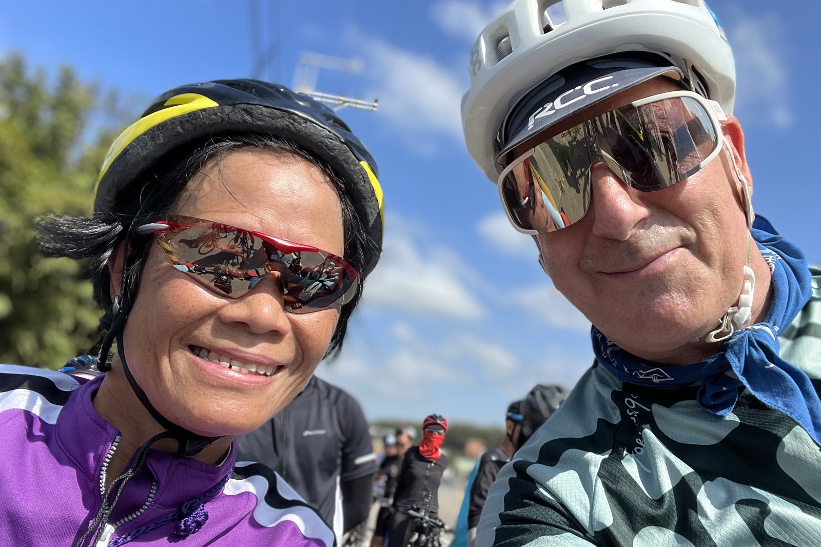 A selfie with a fellow rider under blue sky