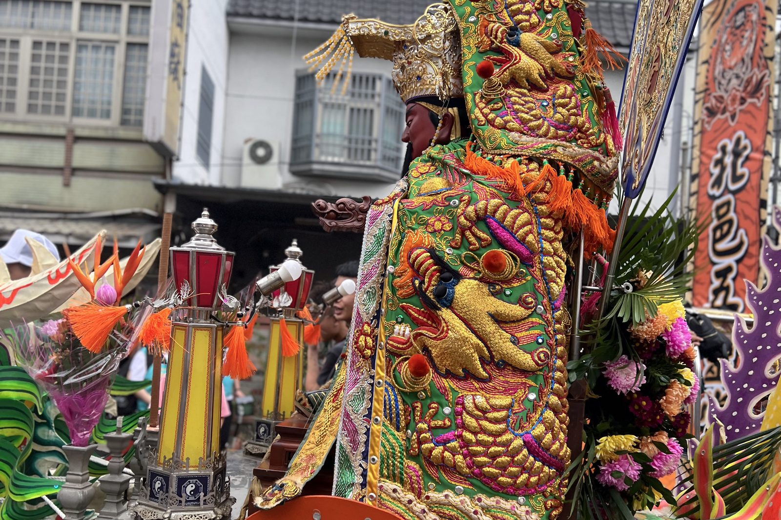 A close look at an ornately embroidered parade costume