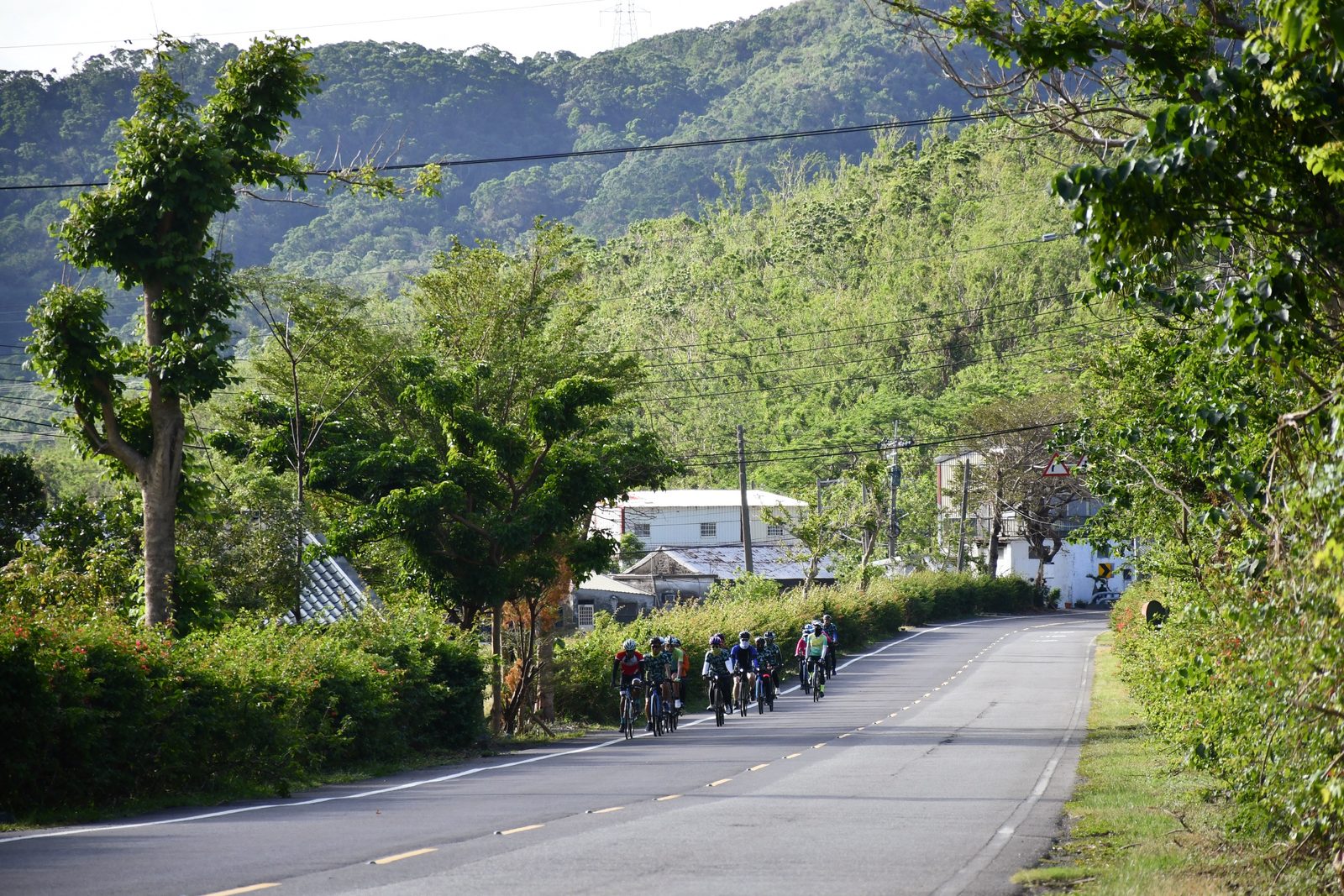 Riders strung along a hedge-lined village road