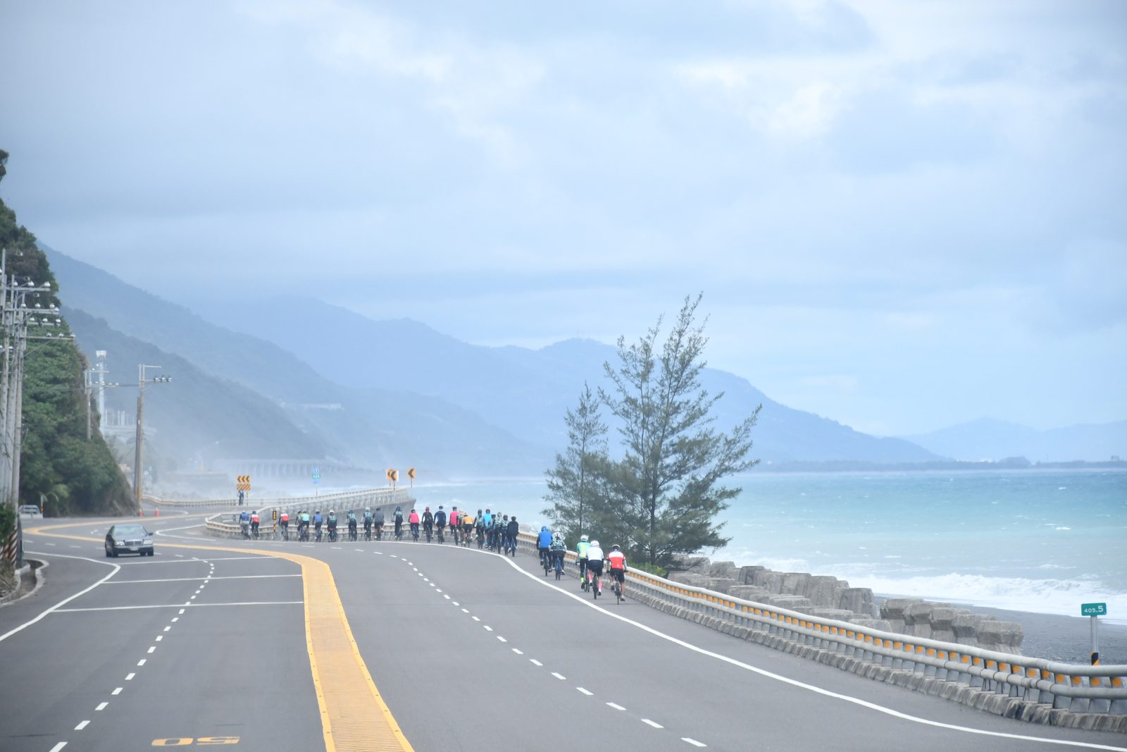 The pack riding through coastal mist