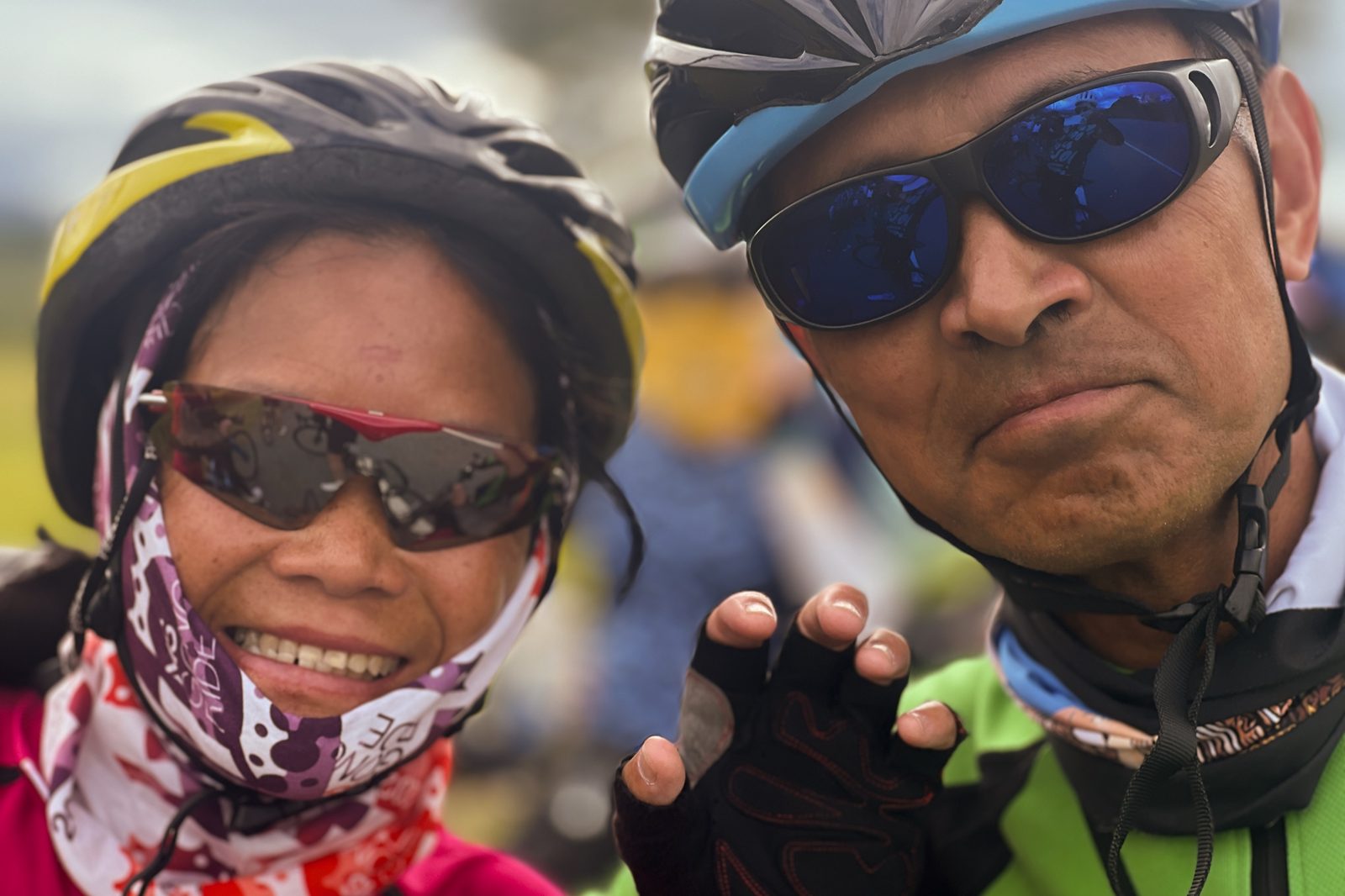 A close selfie with a fellow rider