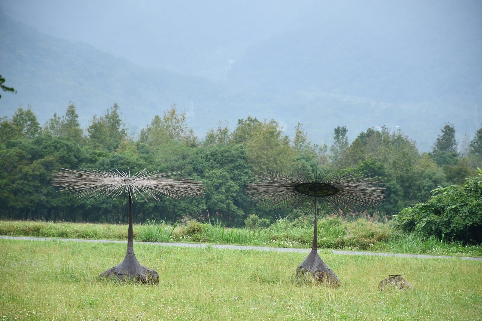 Whimsical dandelion sculptures in the mist