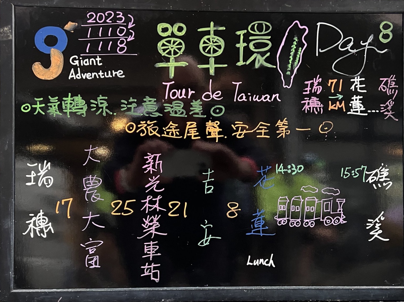 Hand-written chalkboard listing Day 8's route
