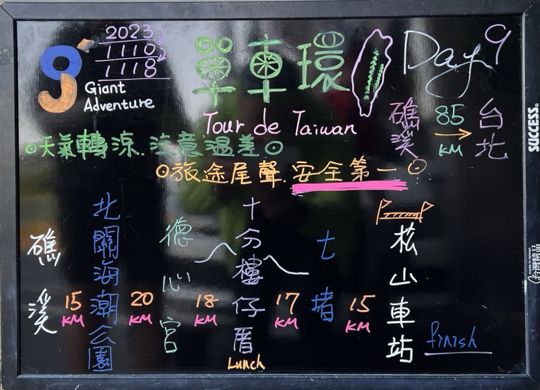 Hand-written chalkboard listing Day 9's route